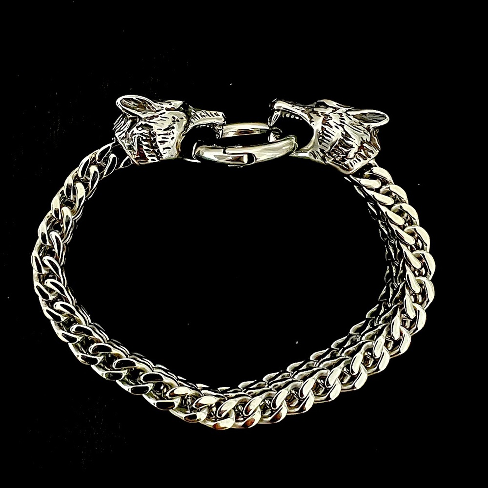 Wolf head sterling/stainless steel bracelet